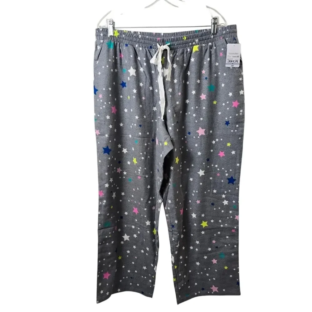 Sleep Chic Flannel Gray Stars Pajama Pants Loungewear Drawstring Cozy Cotton XLP